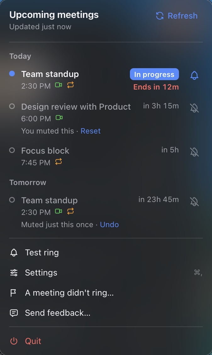 The MeetChime menu bar panel listing upcoming meetings with countdowns and bell toggles
